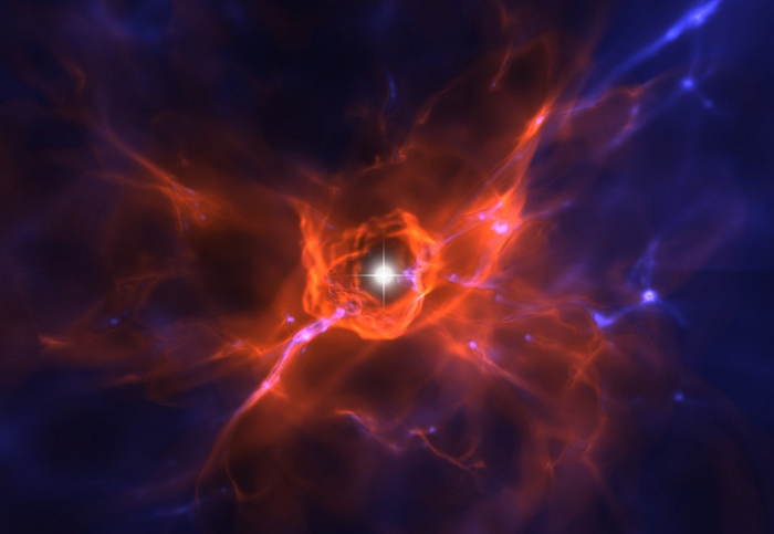 Impressão de gás aquecido envolvente uma das primeiras estrelas do universo. NASA.